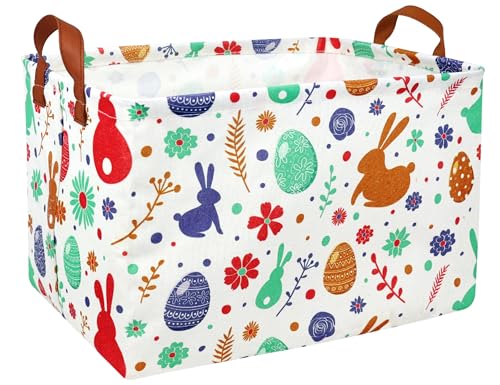 Image of Rectangle Empty Easter Baskets Boy Large Toy Storage Bin Girls collapsible Hamper Waterproof Canvas Box Kid Gifts Spring Decor( boho Red Rabbit )