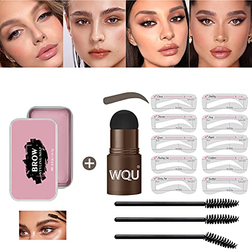 WQU One Step Eyebrow Stamp Shaping Kit, Eyebrow Powder Stamp for Women Eyebrow Makeup and 10 Styles Reusable Brow Stencils with 3 Eyebrow Brushes + 1 Eyebrow Soap (Dark Brown)