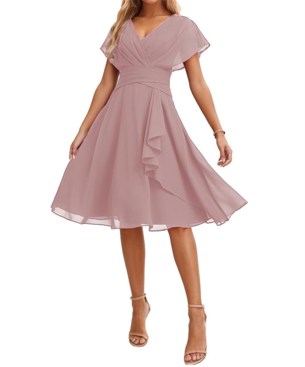 Wseyu Women's Dusty Rose Short Bridesmaid Dresses For Wedding With Ruched V Neck Evening Party Dress Uk16