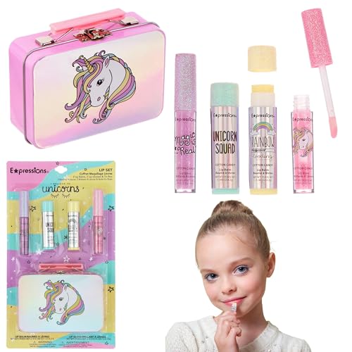 EXPRESSIONS 5pc Cosmetics Lip Kit For Kids w/Lip Glosses, Lip Balms & Tin Box Storage Case,I Believe in Unicorns Hologrpahic,Washable + Non Toxic
