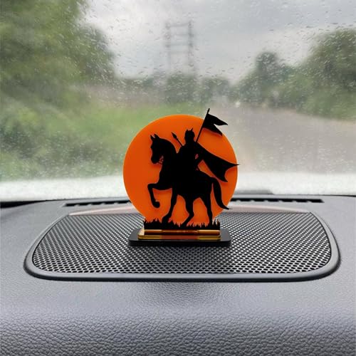 Image of Maharana Pratap Singh Acrylic Showpiece | Rajput Warrior Silhouette with Saffron Sun Background | Car, Home, Office & Gift Decoration, 4 Inch