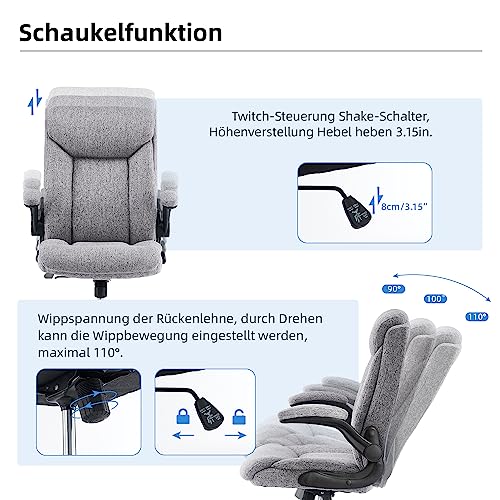 MZLEE Ergonomischer Bürostuhl Computerstuhl Schreibtischstuhl Drehbarer Arbeitsstuhl mit hochklappbarer Armlehne, höhenverstellbar, Bequem für Büro Heim Gaming (Grauer Stoff)