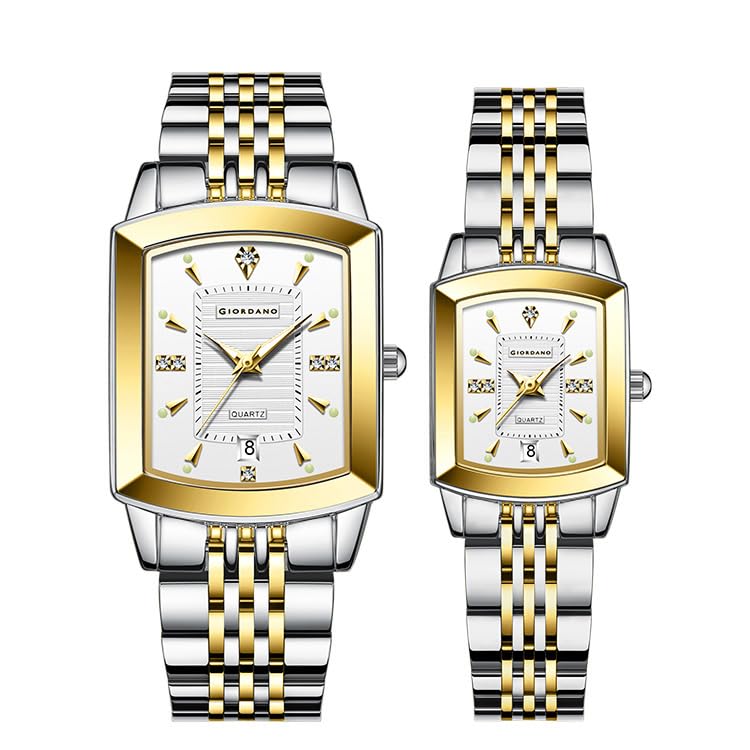 Giordano Analog Pair Watch for Unisex with Square Dial, Crystal Indices, Date Display and Stainless Steel Strap