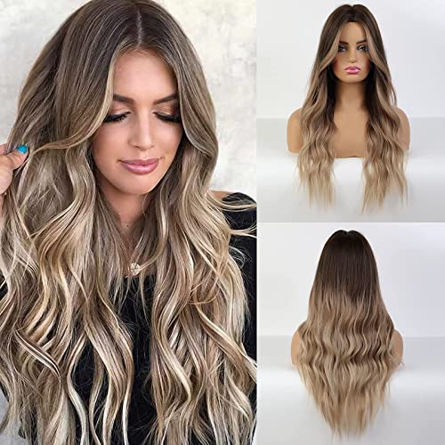 Blonde Unicorn Ash Blonde Wig Ombre Brown Hair Wig Synthetic Long Curly Hair Wigs For Women Middle Part Hair Replacement Wig With Bangs(10/22T85-8) #TOP7
