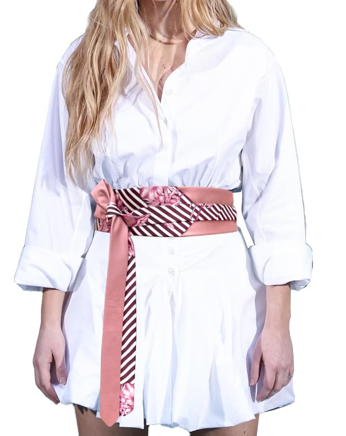 Remo Sartori - Made in Italy Women Silk Obi Wrap Neckties Belt, Pink Floral Striped, Free Size