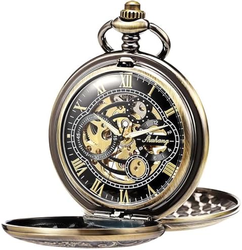 SIBOSUN Pocket Watch Skeleton Mechanical Double Case Hand-Wind Roman Numerals Antique Chain Mens