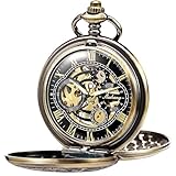 SIBOSUN Pocket Watch Skeleton Mechanical Double Case Hand-Wind Bronze Roman Numerals Antique Chain Mens