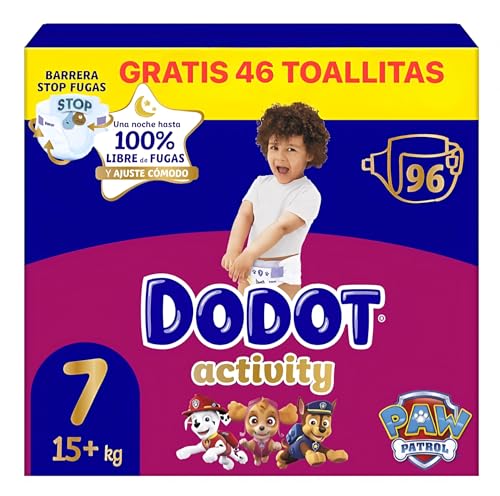 DODOT Activity Pañales Talla 7, 15+ kg, 96 Unidades, Núcleo Ultra Absorbente + regalo 46 toallitas