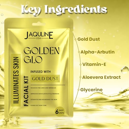 Image of JAQUILINE USA Golden GLO Gold Dust Facial Kit | Enriched with Gold Dust & Aloevera | Brightening & Anti-Ageing Skincare | Evens Skin Tone & Boosts Radiance | For Men & Women , 32g