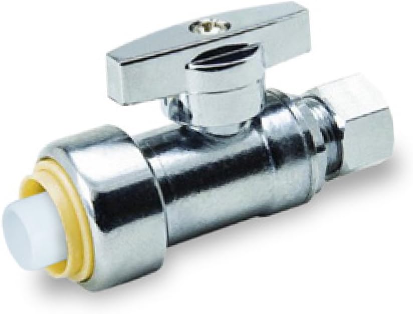 Midline Valve VQTTD1238 Push-Fit Water Supply Stop Valve One Piece Design; Straight Shut-off for Toilet, Sink, Dishwasher, Heater; 1/2 in. Push x 3/8 in. Comp; Chrome Plated Brass