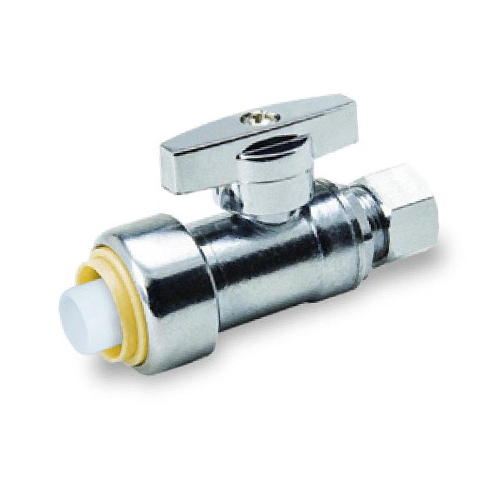 Midline Valve VQTTD1238 Push-Fit Water Supply Stop Valve One Piece Design; Straight Shut-off for Toilet, Sink, Dishwasher, Heater; 1/2 in. Push x 3/8 in. Comp; Chrome Plated Brass