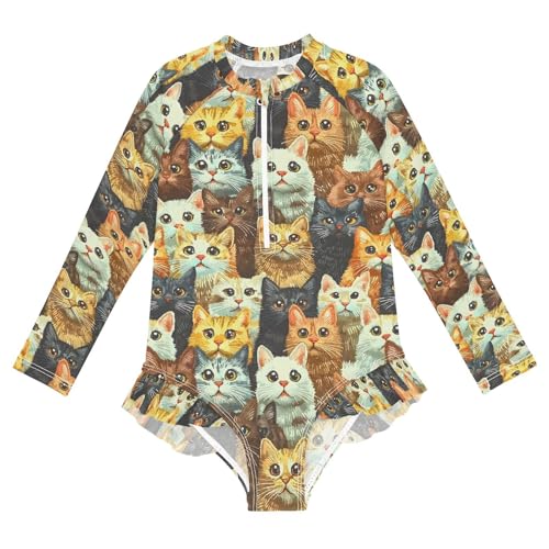 ALAZA Multicolor Cat Kitten Girls One Piece Swimsuit Long Sleeve Rash Guard Swimsuits UV 50+ Swimwear Zipper