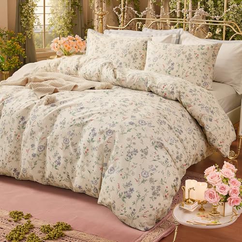 Herside Boho Floral Bedding Set King Size 100% Cotton Duvet Cover Set Reversible Bedding Sets 3 Pcs Botanical Flower Printed Lightweight Quilt Cover Sets All Season with 2 Cotton Pillowcases - Image 6