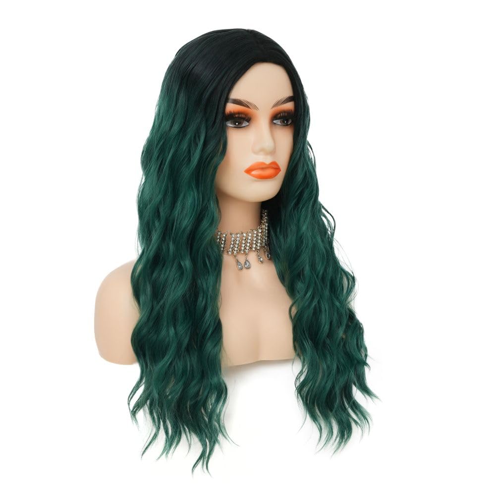 Siudus Green Wig Long Curly Wavy Wigs for Women Synthetic Black to Green Natural Hair Wig for Halloween Cosplay Party - Image 2