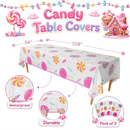 Image of Blue Orchards Candy Table Covers (Pack of 3) - 54 inchx108 inch XL - Table Cloth, Party Supplies, Decorations, Lollipop Birthday Party, Halloween Candyland Theme Disposable Plastic Tablecloth Pack