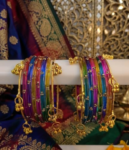 Image of NMII Viral Multi Colour Glass Bangles with Golden Ghungroo Charms & Stone Work For Women & Girls | Fancy Designer Glass Bangle | Traditional Chudi | Kanch Ki Churi | Stylish Ghungroo Bangle For Women