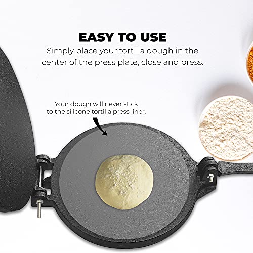New Creation Avenue Cast Iron Tortilla Press 8 Inch/Roti Press/Taco Press With Eco-Friendly Silicone Tortilla Press Liner Set | Easy Perfect Round Tortillas - No Sticking - No Wasteful Parchment #TOP2