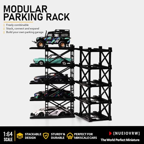 Image of 1:64 Diorama Expandable Modular Car Display Case for Hot Wheels Diecast Car, 10 Parking Space Garage, Diecast Model Cars Storage Display Rack Accessory (10 Spaces-Glossy Black)