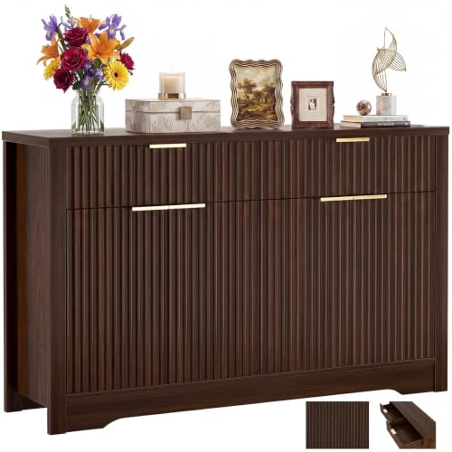 Cyclysio 55" Fluted Sideboard Buffet Cabinet with Drawers, Black Walnut