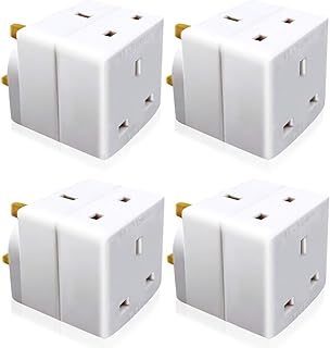 EXTRASTAR 2 Way Double Block Mains Adaptor, 3 Pins Socket Splitter Extension UK Plug, 13A Fused Wall Adaptor Power Extender for Laptop, Computer, TV, DVD and More（4 Pack）
