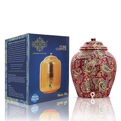 Image of INDIAN ART VILLA Printed Copper Water Dispenser Pot Matka, 13L, Maroon Design, Pure Copper for Healthy Drinking, with Lid & Tap, Home, Kitchen & Garden Use