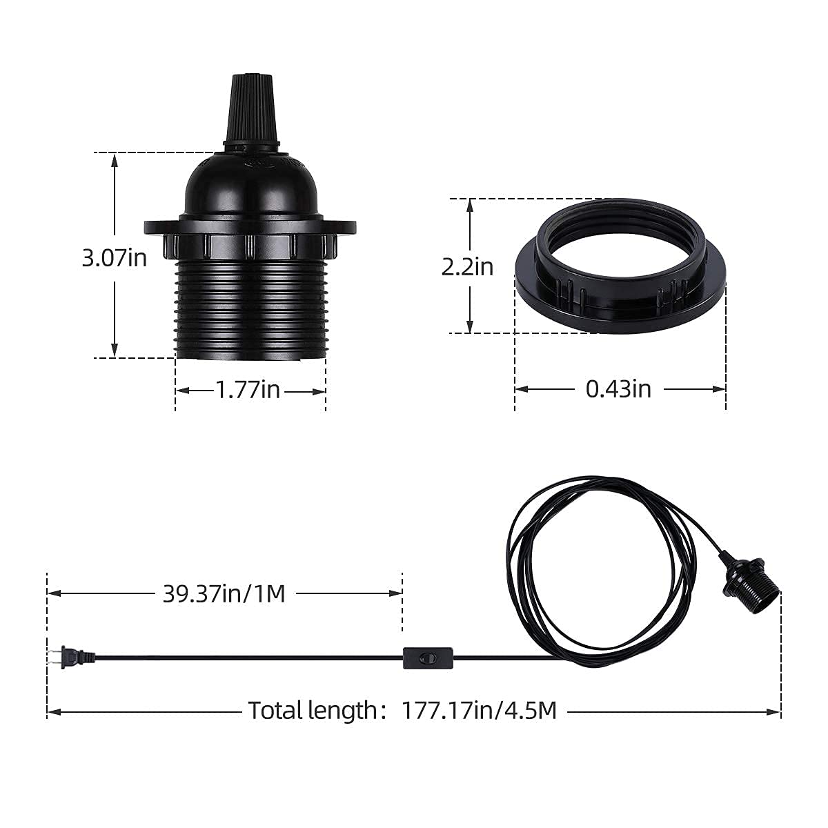 2-Pack HUIBONA Plug-in Pendant Light, 15FT Vintage Hanging Lantern Cord E26/E27 Socket, Black Kit With In-Line On/Off Switch and Lampshade Ring