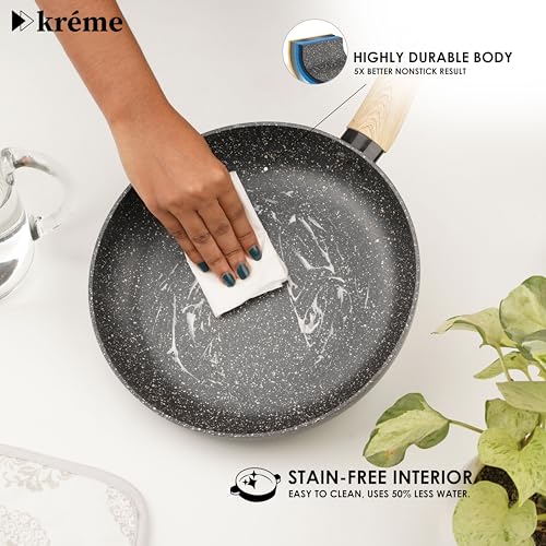 Image of Kreme Venetia Premium Series Granite Non-Stick 6 Pc Cookware Set | Kadai with Lid, Frypan, Dosa Tawa and Sauce Pot | Granite Coating | Induction & Gas Stove Use | Healthy Low-Oil Cooking, Grey