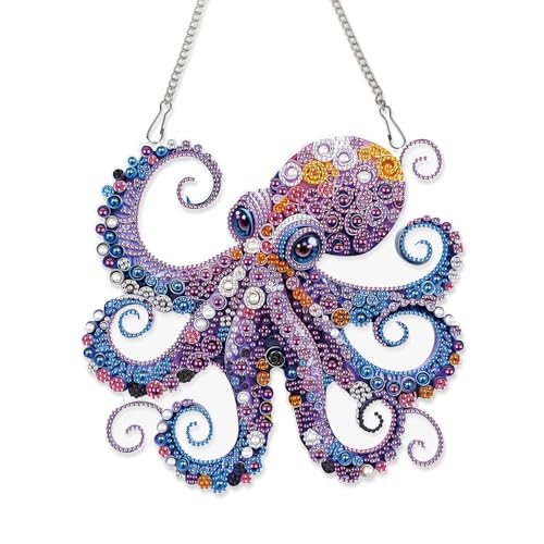 Image of AiYuanzsh Octopus Diamond Painting Hanging Ornament, 5D DIY Special Shaped Diamond Art Pendant Kit for Adults, Large Ocean Animal Wall Hanging Craft Decoration 24.1x22.6cm, Nautical Home Decor & Gift