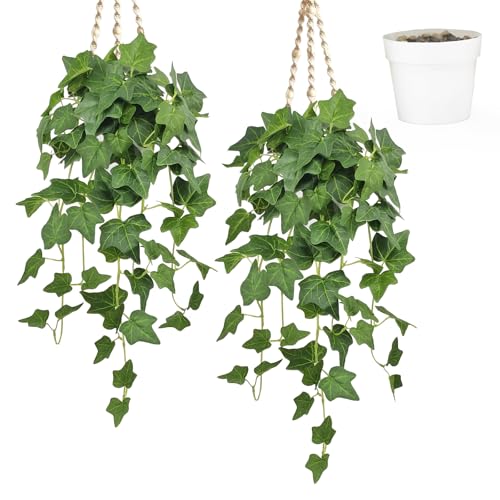 YMIFEEY 2 Stück Efeu Künstlich im Topf, Künstliche Hängepflanze mit Topf, Hängende Kunstpflanze Ivy Kunstefeu Künstliche Pflanze Hängend Wie Echt für Wand Regal Balkon Zimmer Deko