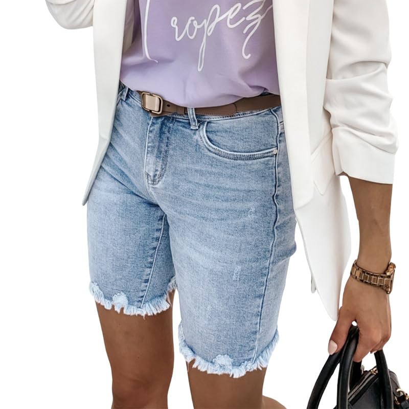 bifanxi Denim Hole Shorts for Women | Raw Edge Mid-Rise Casual Jeans Shorts-picture-42