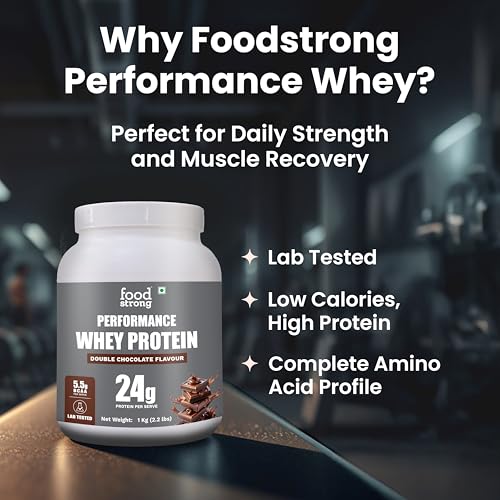 Image of Foodstrong Performance Whey Protein Powder | 24g Protein per Serving | Double Chocolate Flavour | 5.5g BCAA | Lab Tested | 1 kg