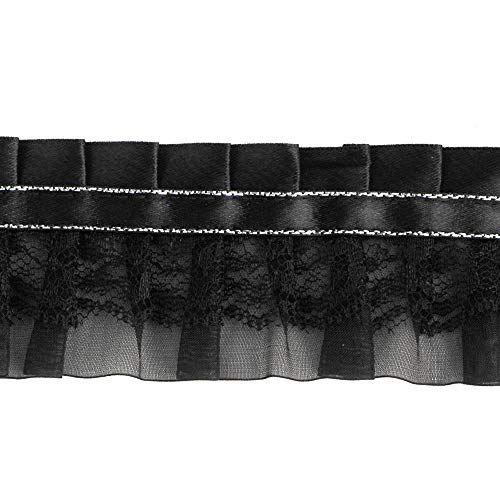 eJoyce 1-7/8\" Ruffled Organza Lace with Pleated Satin Ribbon Trim by 2-Yards, HDL-053 (Black/Silver)