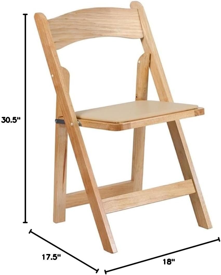 BOWERY HILL Wooden Folding Chair Set of 2, 30.5" H x 17.5" W x 18" D, Natural Beechwood with Clear Lacquer Finish, Beige Vinyl Upholstered Seat, Compact Design, Lightweight for Events, Home, or