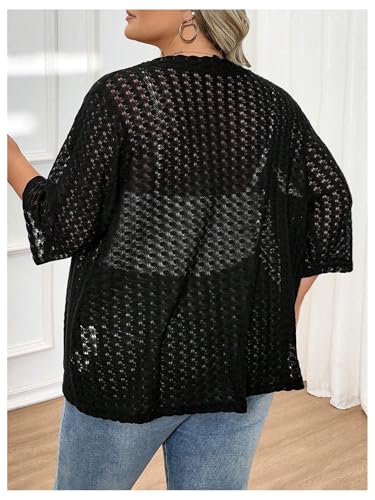 OYOANGLE Women's Plus Size Open Front Crochet Cardigan Sweater 3/4 Sleeve Knitted Outerwear2
