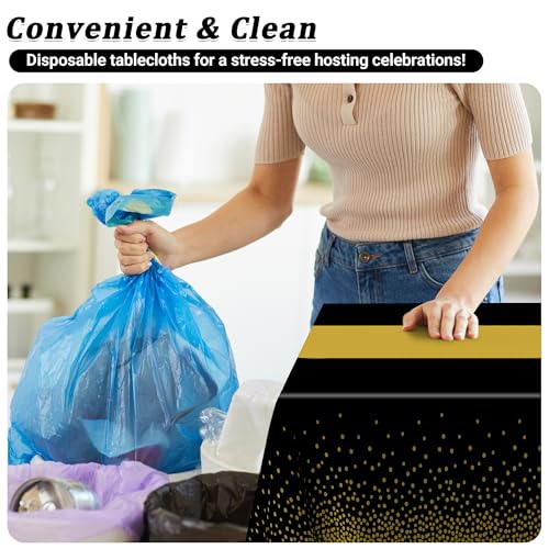 Image of QZYL 12Pack Plastic Table Cloth Disposable, 54 inch x 108 inch Waterproof Black Table Cloths with Gold Dots, Outdoor Tablecloth for Rectangle, Table Cloth Cover for New Years Eve Decorations Holiday Birthday