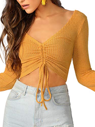 Image of SweatyRocks Women's Adjustable Drawstring String Long Bell Sleeve Rib Knit Sexy Crop Top Yellow L