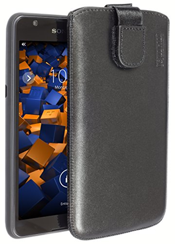 mumbi Bolso de Cuero Real Compatible con Sony Xperia E4g (Nicht Xperia E4), (Pestaña con función de retracción, Auxiliar de extracción), Negro