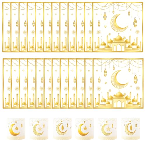 30-teiliges Umrah Mubarak Deko 24 Ramadan Servietten und 6 Lampenschirmen Weiß-Goldene Ramadan Tischdeko Ramadan Deko Tisch Set Gold für Eid Umrah Hajj Mubarak Dekoration