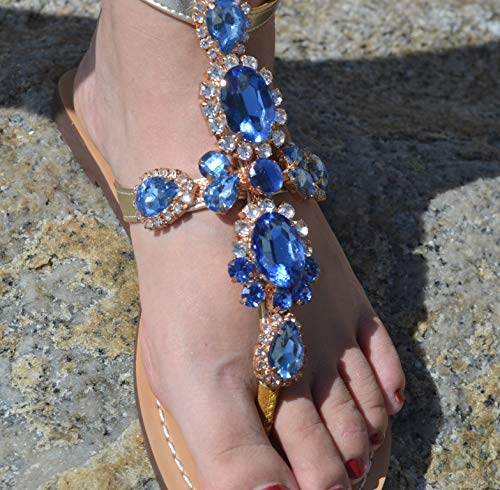 Image of ZhuLinFeng Women'S Rhinestone Gladiator Sandals Flat Wedding Sandals Gem Pearl Sparkling Bridal Bridesmaid Sandals Blue Bohemian Sandals