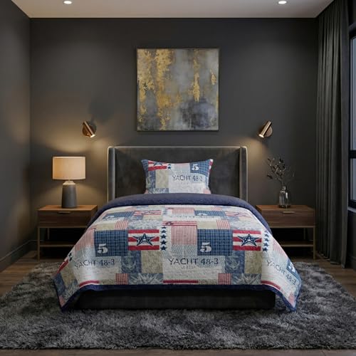 2-Piece Quilt Set - Nautical Americana Patchwork Print All-Season Soft Microfiber Bedspread - Twin Bedding with Pillow Sham by Lavish Home