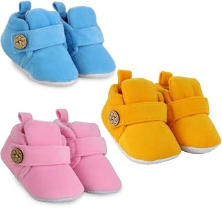Neska Moda Set Of 3 Pair Baby Boys & Girls 6 To 12 Months Velvet Booties(Baby Pink,Yellow,Blue)-BT785andBT786andBT787