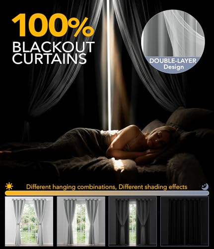 Image of 100% Blackout Curtains with Sheer Overlay, Grey, 52 x 84 inch, 2 Panels | For Bedroom Living Room Window, Room Darkening, Thermal Insulated, Grommet Top, Summer Heat Blocking, Double Layer Design