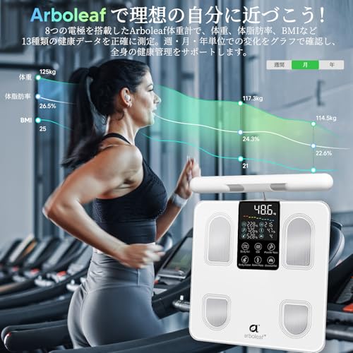 arboleaf 体重計 体組成計・体脂肪計 カラダスキャン スマホ連動 データ自動転送 あすけん連携 部位別測定 全身測定方式 体重/体脂肪率/BMI/筋肉量/26項目測定 8電極 Bluetooth対応 アプリ対応/apple watch/GoogleFit/Fitbit/appleヘルスケア連携 高精度/登録者無制限/自動認識 ヘルスメーター 電池付属 1年メーカー保証 の商品画像 4