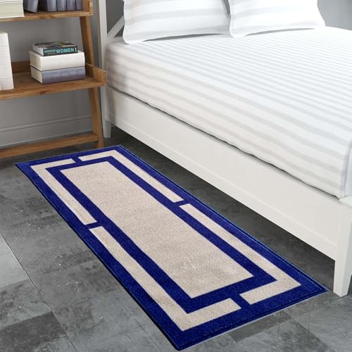 Image of Matz&More Geometric Border Runner Mat | 50x120 CM | Beige Navy | Nylon Tufted Gel Baking Anti-Slip | Doormat for Home Entrance, Kitchen & Bedroom