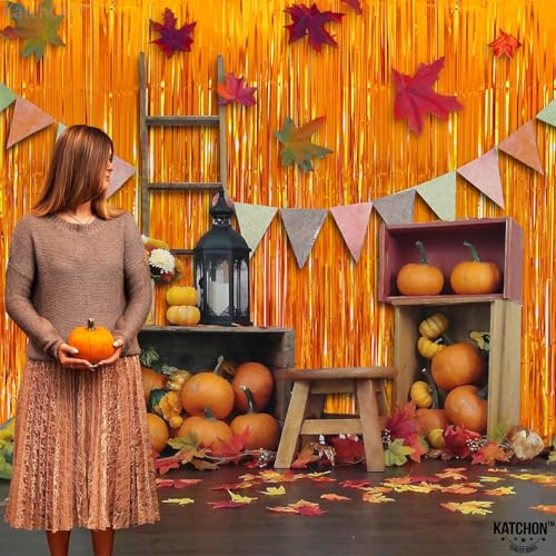 Image of KatchOn, XtraLarge Orange Fringe Backdrop Curtain - 3.2x8 Feet, Pack of 2 | Orange Streamers for Summerween Party Decorations, Basketball Party Decorations | Birthday, Halloween Decorations