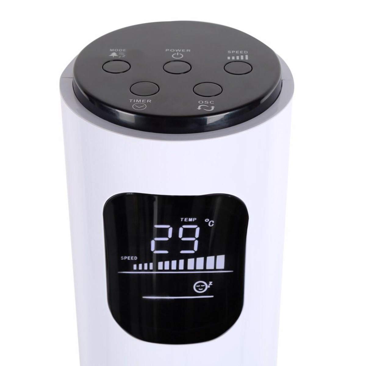 Close-up of Crane EE-5622 Tower Fan's LED display and control buttons