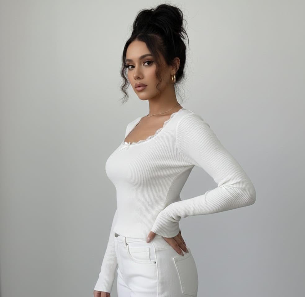 Image of Korean Deep Neck Lace Crop Top for Women, Full Sleeve Stylish Top, Trendy Slim Fit for Girls