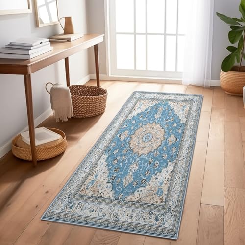 Genérico Alfombra de Pasillo Azul 60 x 180 cm, Lavable, Parte Trasera de Goma Antideslizante, Resistente a Las Manchas, para pasillos Cocina Entrada Dormitorio, Diseño Floral Clásico Bordes