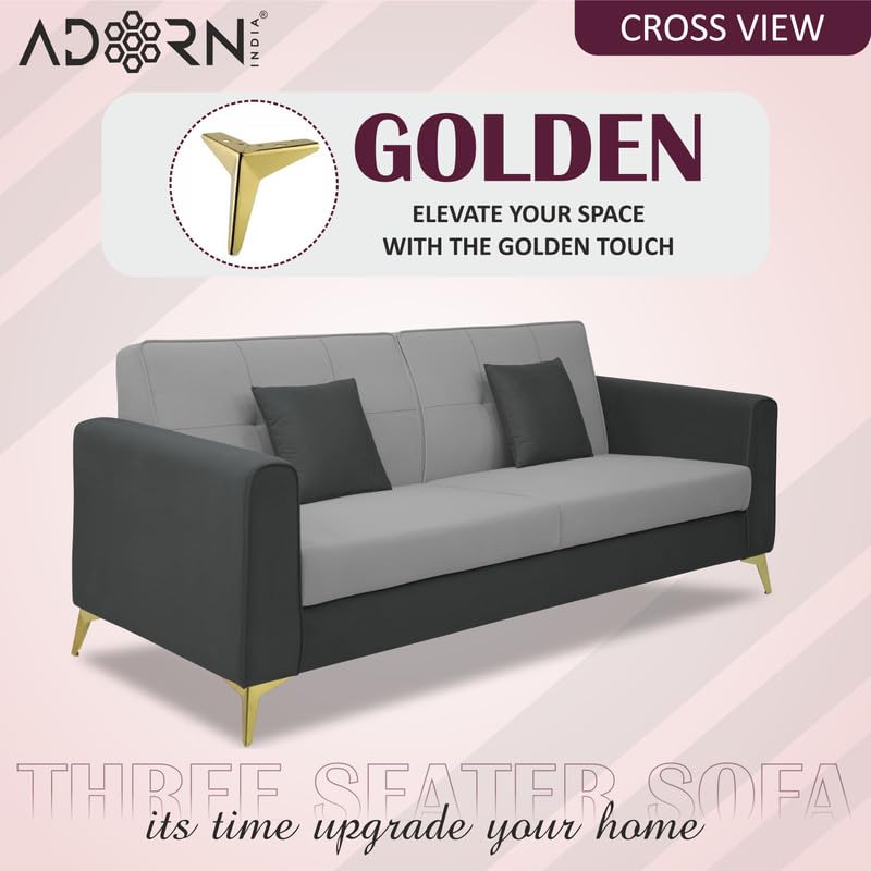 Image of Adorn India Premium Harlem 3 Seater Sofa | Velvet Suede Upholstery | 3-Year Warranty | Dark Grey & Grey with Gold Legs & Cushion
