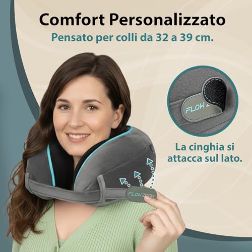 FLOWZOOM Dream Cuscino Cervicale da Viaggio in Memory Foam – Supporto Laterale Ottimale per Testa e Collo, Regolabile, Fodera Vellutata Lavabile con Sacchetto in Rete – Ideale per Aereo e Auto– Grigio - Immagine 1